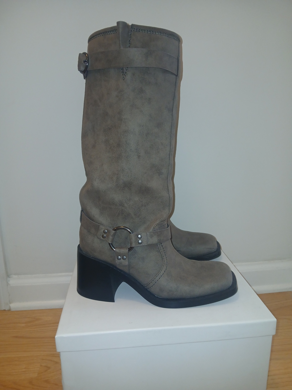 H&M Gray Tall Harness Moto Boots
